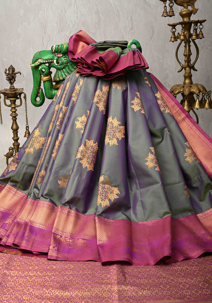 Blue Green Dual Tone Kanchi Semi Silk Saree with Floral Meenakari Buttas and Contrast Zari Border