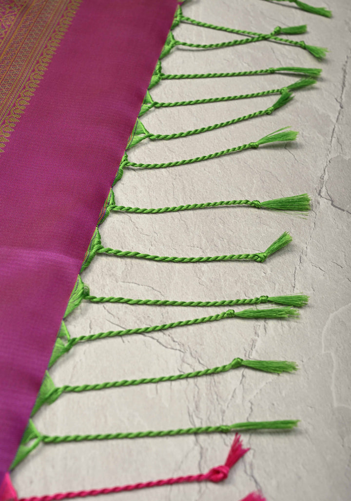 Blue Green Dual Tone Kanchi Semi Silk Saree with Floral Meenakari Buttas and Contrast Zari Border