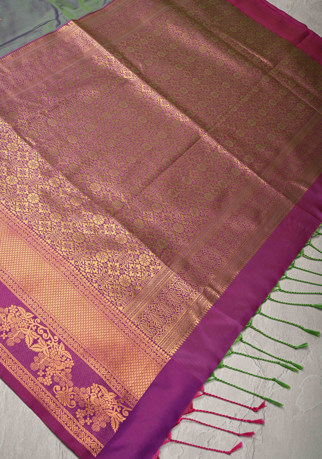 Blue Green Dual Tone Kanchi Semi Silk Saree with Floral Meenakari Buttas and Contrast Zari Border