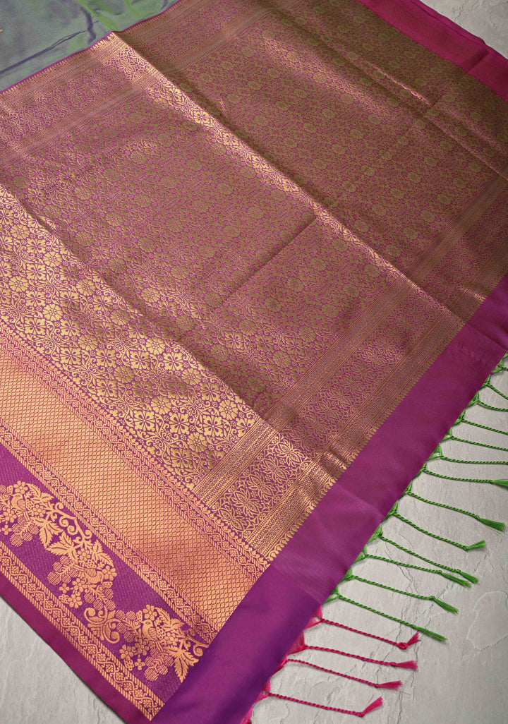 Blue Green Dual Tone Kanchi Semi Silk Saree with Floral Meenakari Buttas and Contrast Zari Border