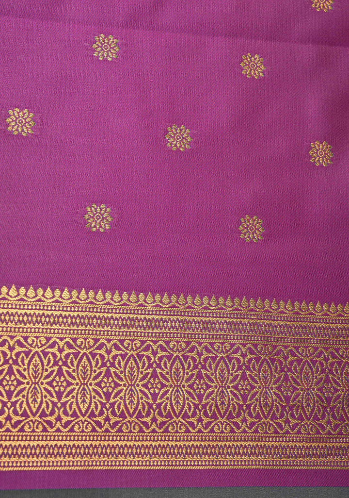 Blue Green Dual Tone Kanchi Semi Silk Saree with Floral Meenakari Buttas and Contrast Zari Border
