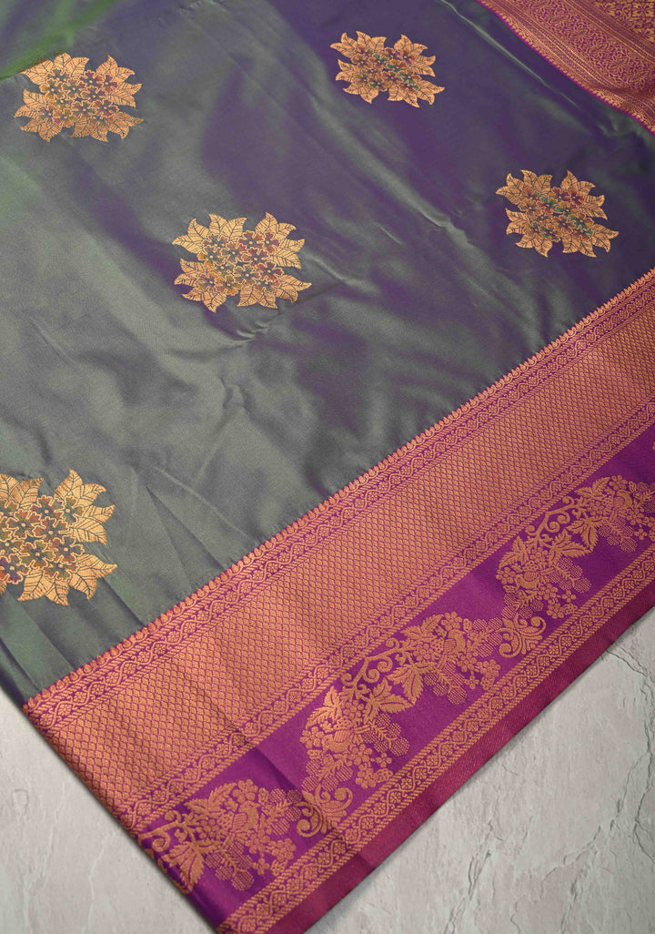 Blue Green Dual Tone Kanchi Semi Silk Saree with Floral Meenakari Buttas and Contrast Zari Border
