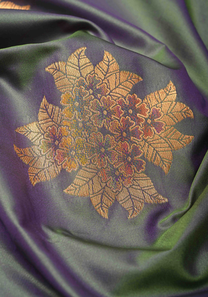Blue Green Dual Tone Kanchi Semi Silk Saree with Floral Meenakari Buttas and Contrast Zari Border