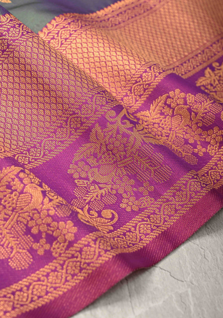 Blue Green Dual Tone Kanchi Semi Silk Saree with Floral Meenakari Buttas and Contrast Zari Border