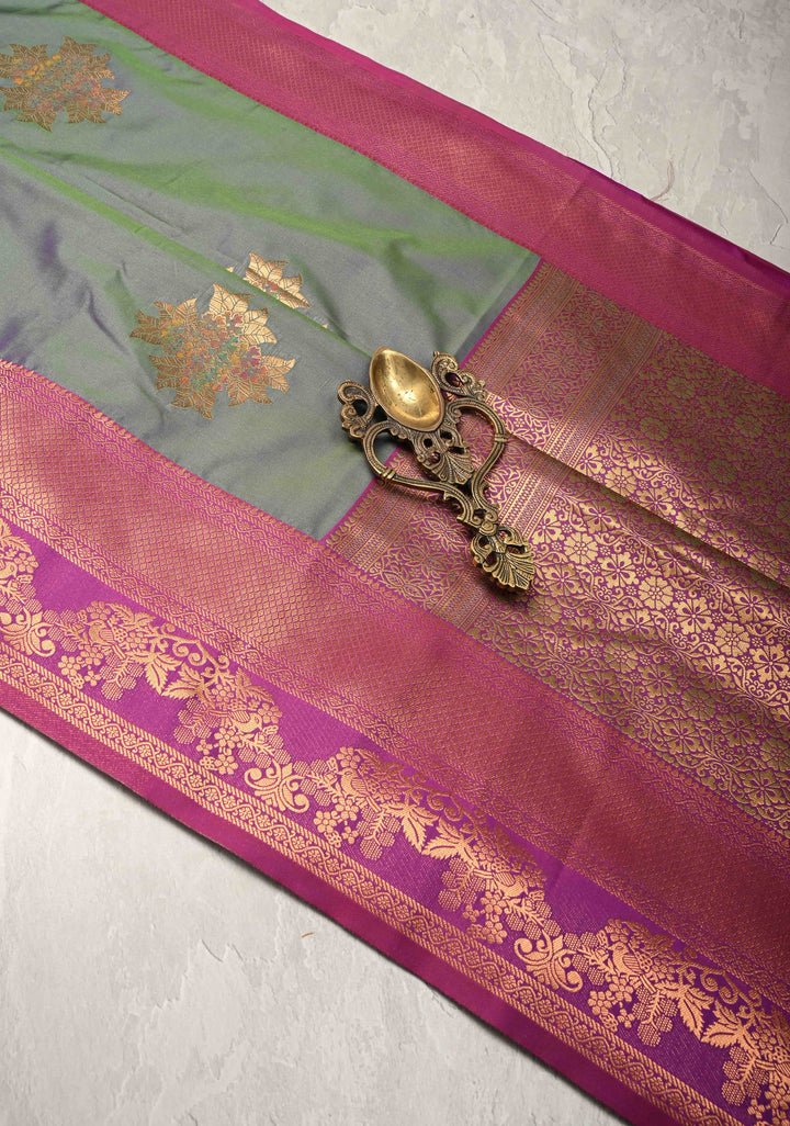 Blue Green Dual Tone Kanchi Semi Silk Saree with Floral Meenakari Buttas and Contrast Zari Border