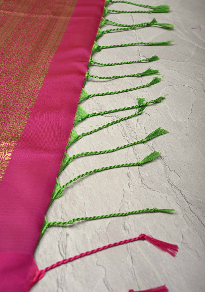 Muted Green Dual Tone Kanchi Semi Silk Saree with Floral Meenakari Buttas and Contrst Zari Border
