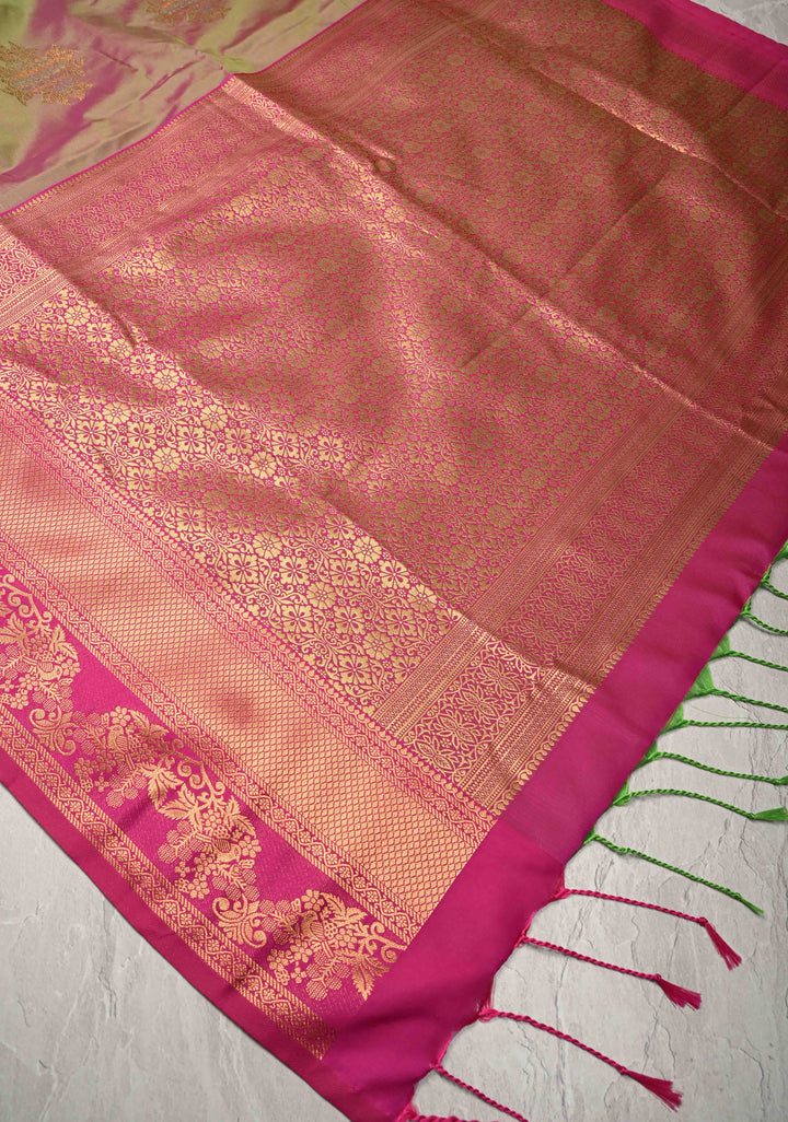 Muted Green Dual Tone Kanchi Semi Silk Saree with Floral Meenakari Buttas and Contrst Zari Border