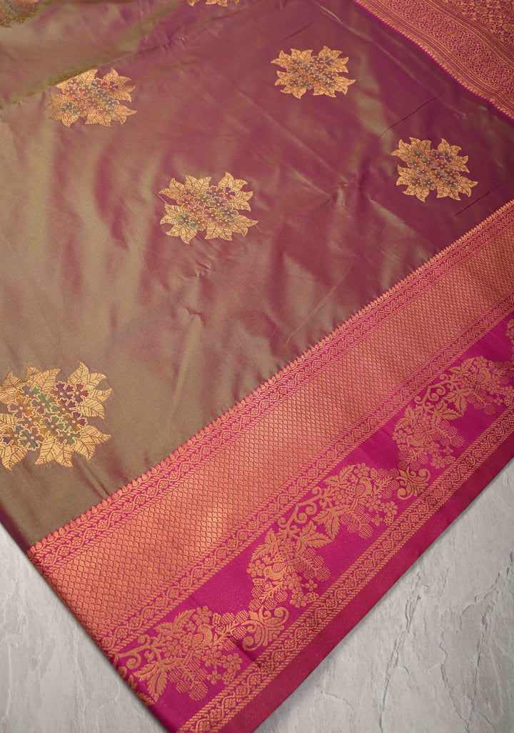 Muted Green Dual Tone Kanchi Semi Silk Saree with Floral Meenakari Buttas and Contrst Zari Border