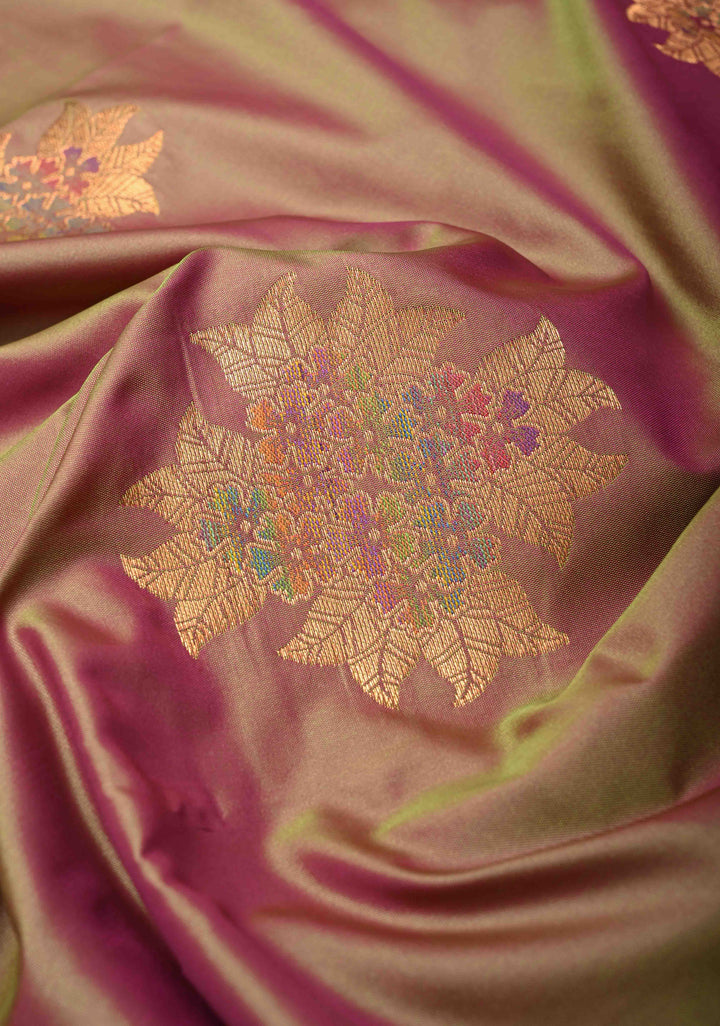 Muted Green Dual Tone Kanchi Semi Silk Saree with Floral Meenakari Buttas and Contrst Zari Border