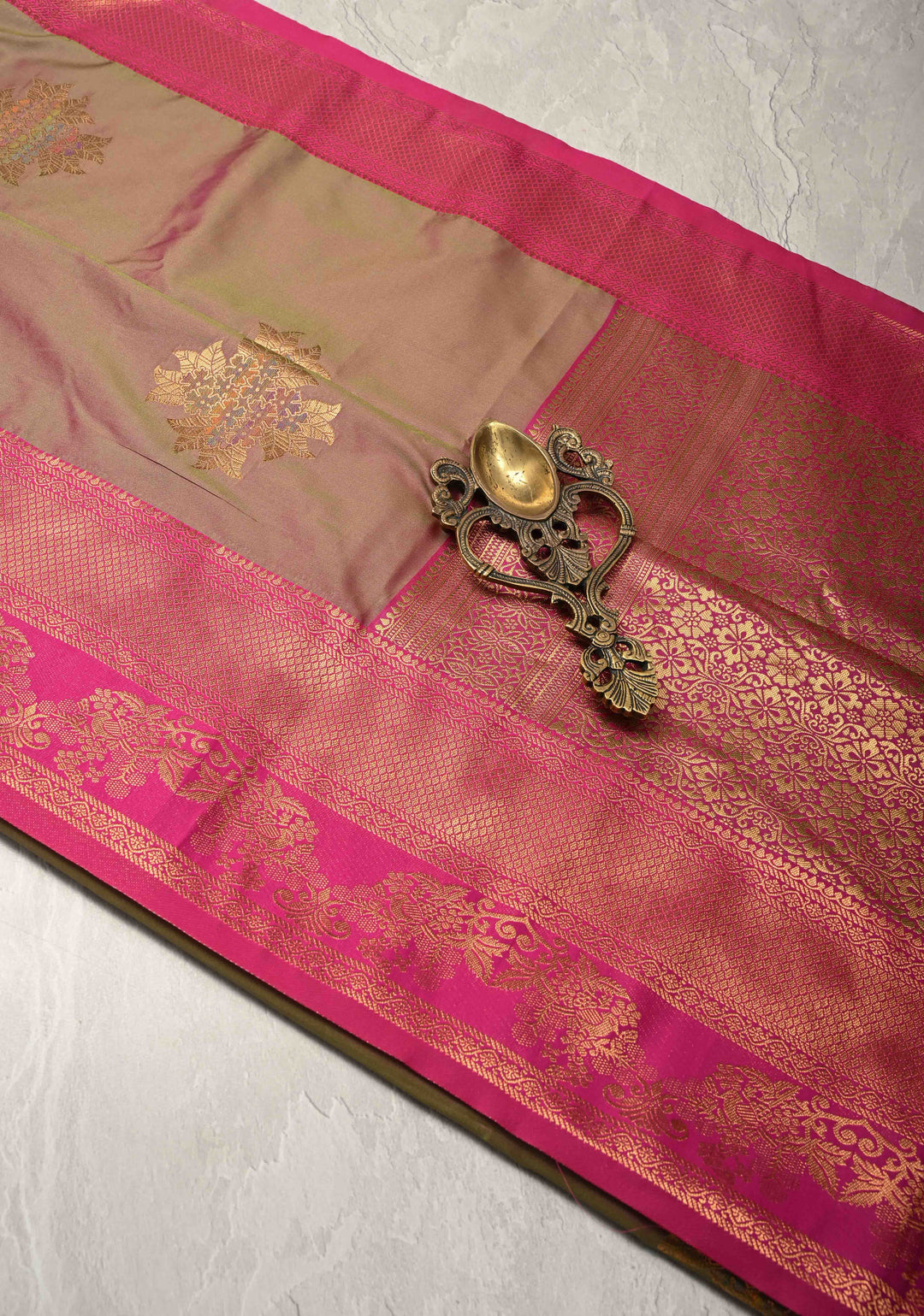 Muted Green Dual Tone Kanchi Semi Silk Saree with Floral Meenakari Buttas and Contrst Zari Border