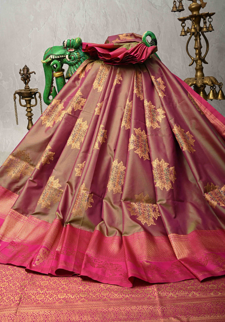 Muted Green Dual Tone Kanchi Semi Silk Saree with Floral Meenakari Buttas and Contrst Zari Border
