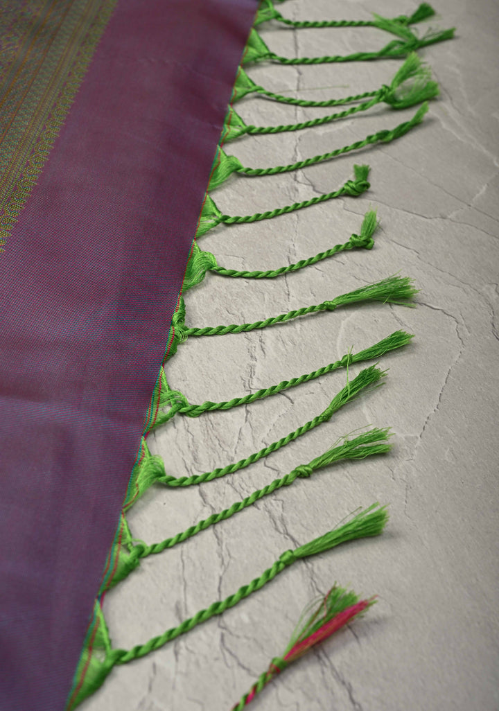 Parrot Green Kanchi Semi Silk Saree with Floral Meenakari Buttas and Contrst Zari Border