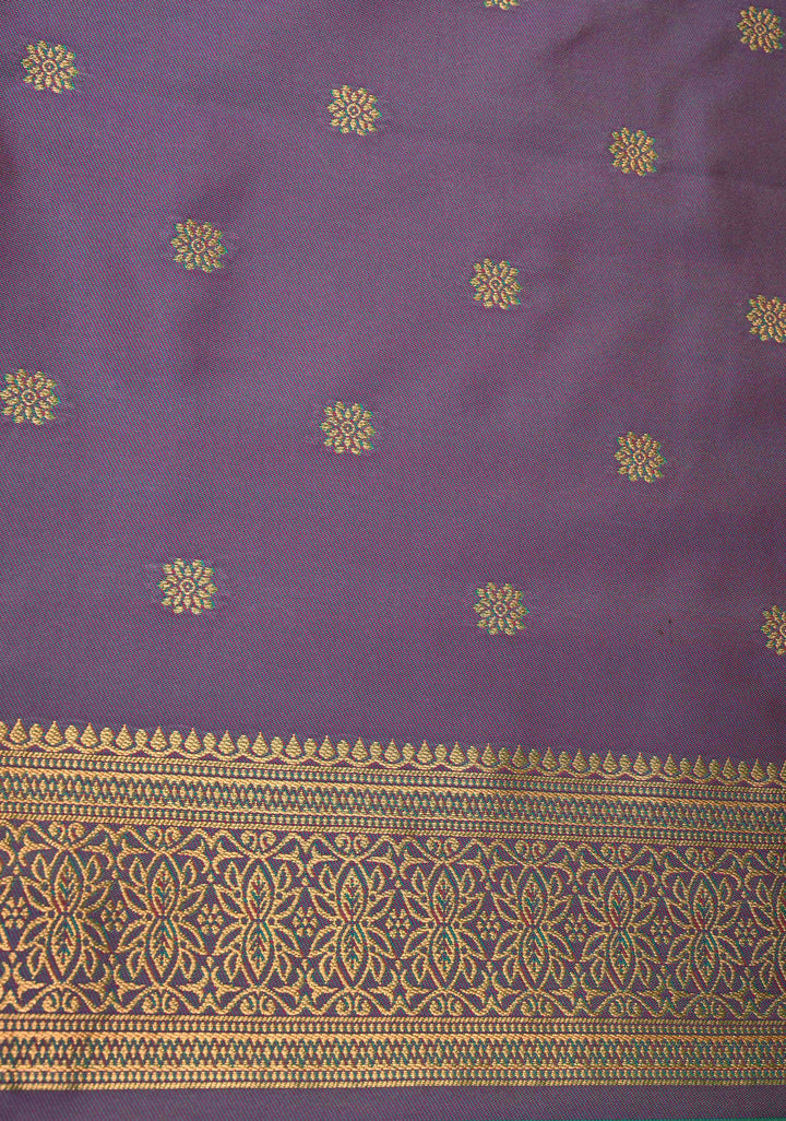 Parrot Green Kanchi Semi Silk Saree with Floral Meenakari Buttas and Contrst Zari Border