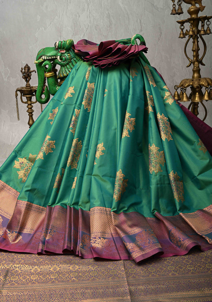 Parrot Green Kanchi Semi Silk Saree with Floral Meenakari Buttas and Contrst Zari Border