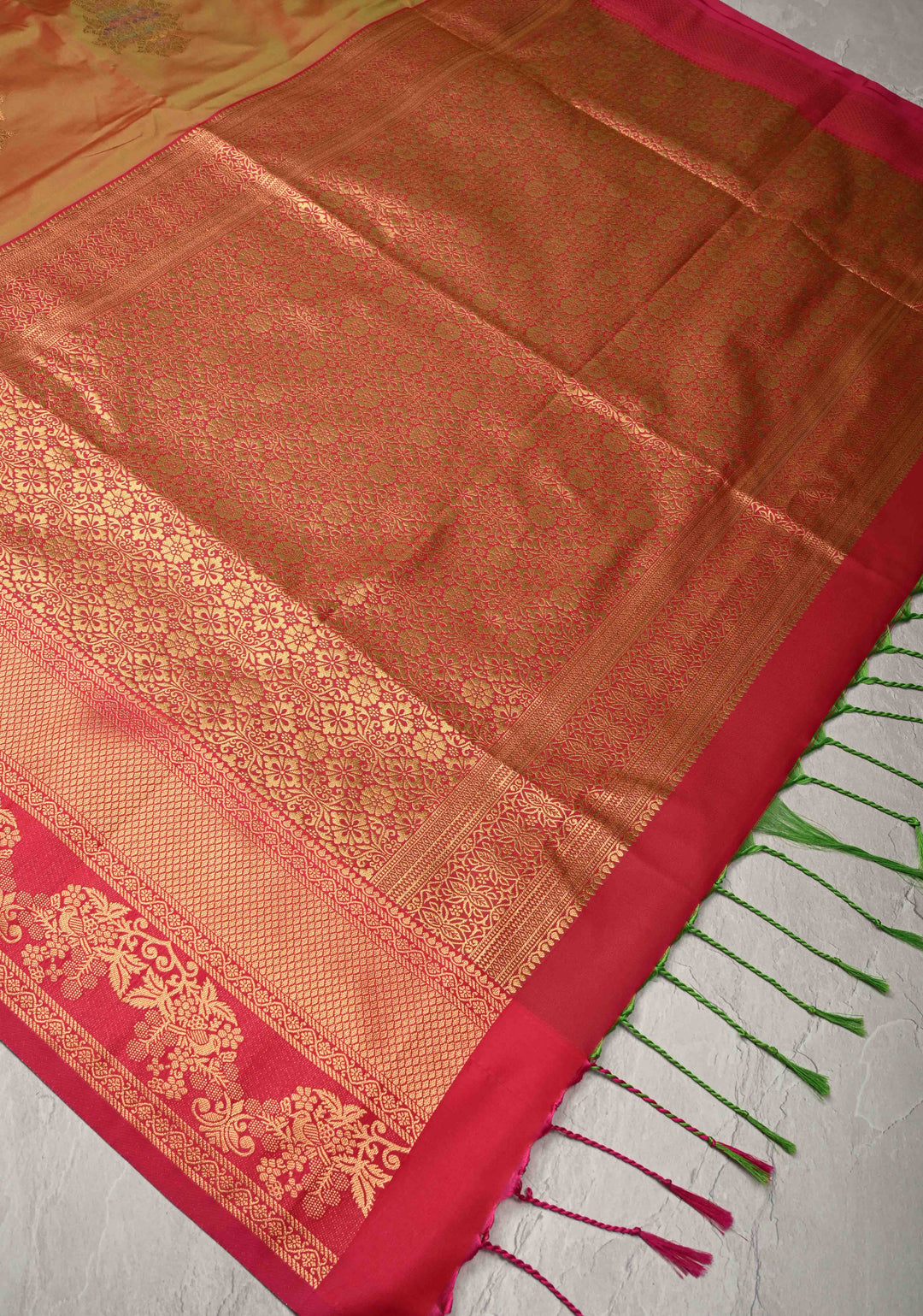 Pink Green Dual Tone Kanchi Semi Silk Saree with Floral Meenakari Buttas and Contrast Zari Border