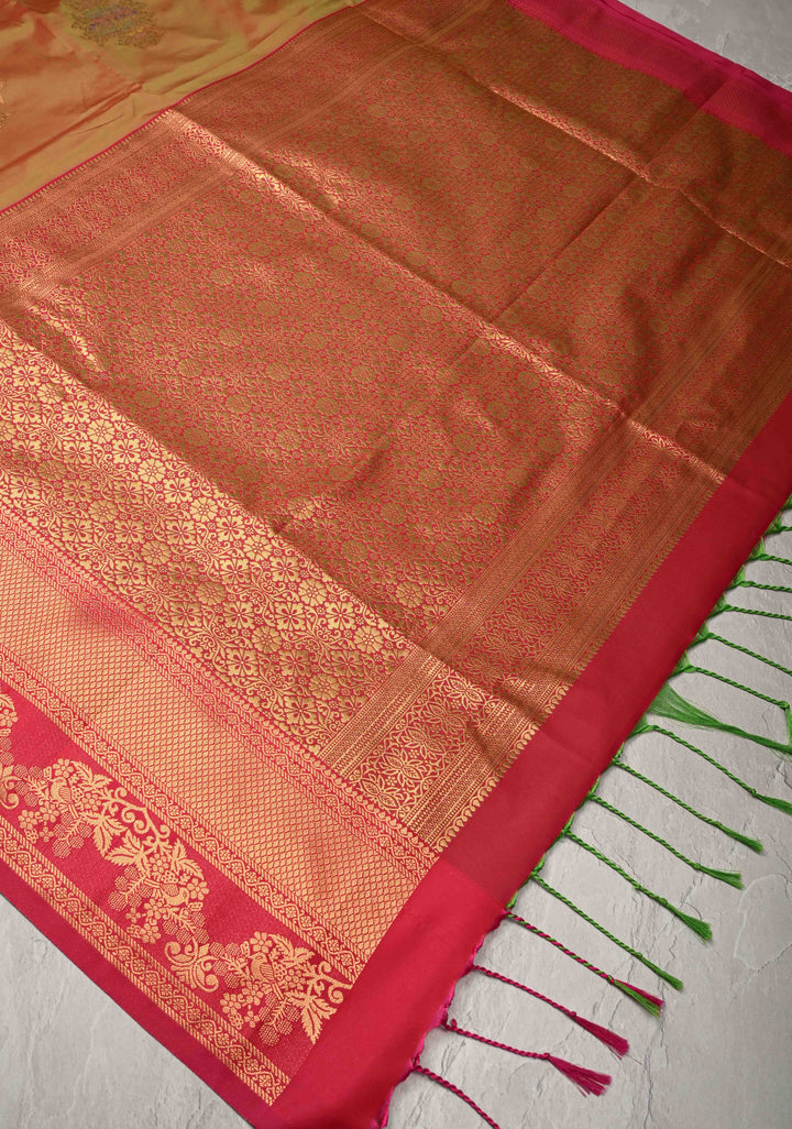 Pink Green Dual Tone Kanchi Semi Silk Saree with Floral Meenakari Buttas and Contrast Zari Border
