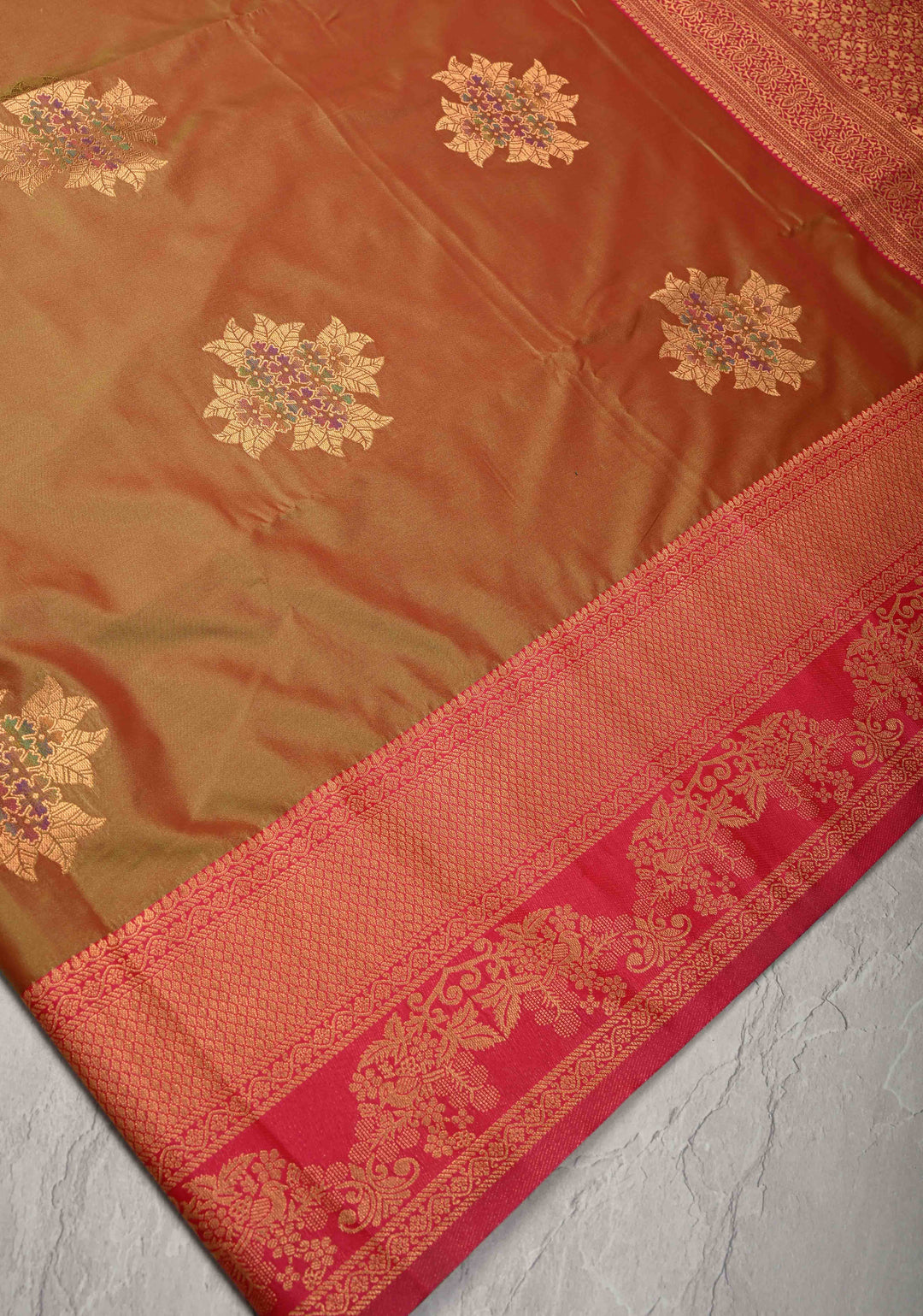 Pink Green Dual Tone Kanchi Semi Silk Saree with Floral Meenakari Buttas and Contrast Zari Border