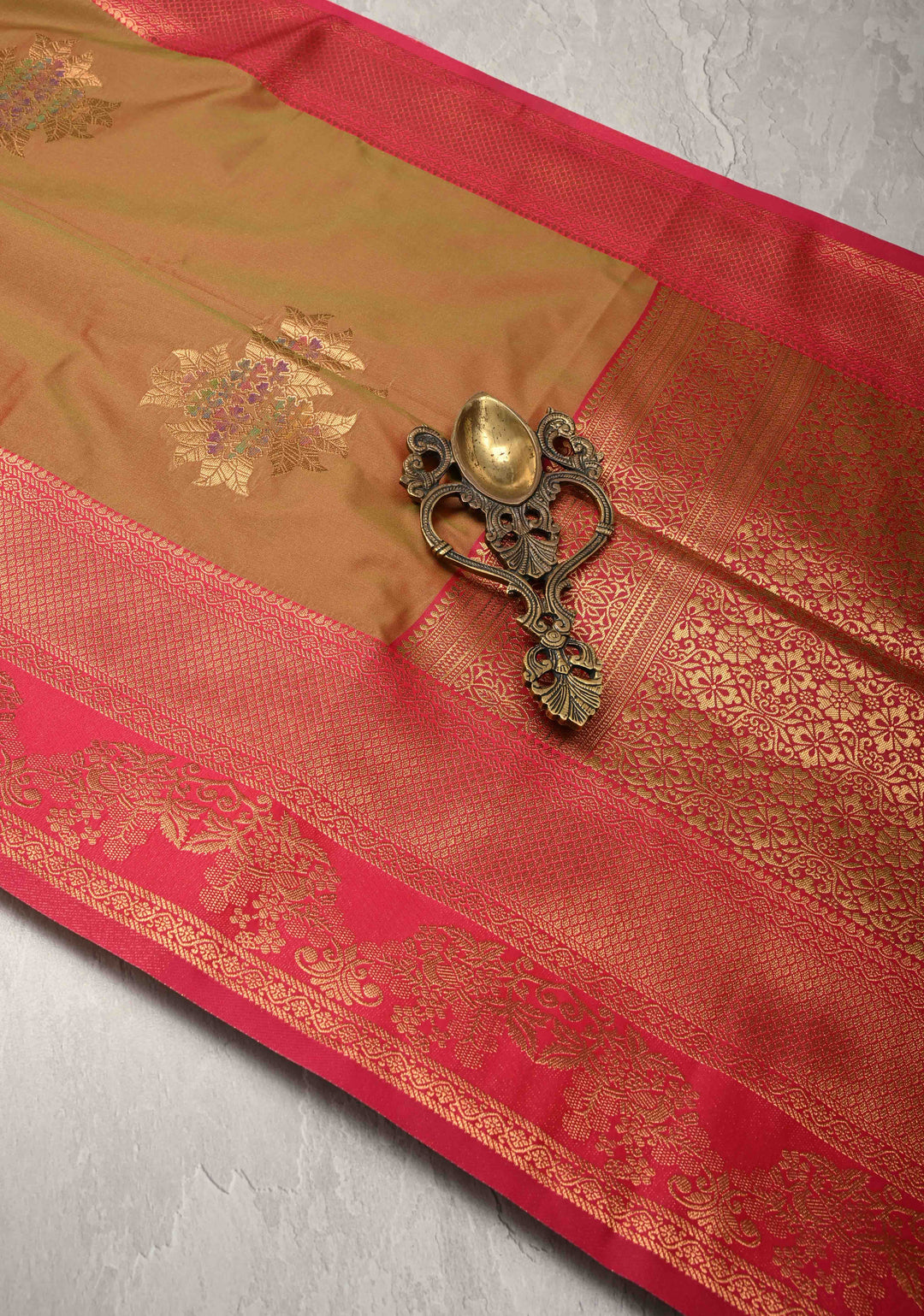 Pink Green Dual Tone Kanchi Semi Silk Saree with Floral Meenakari Buttas and Contrast Zari Border