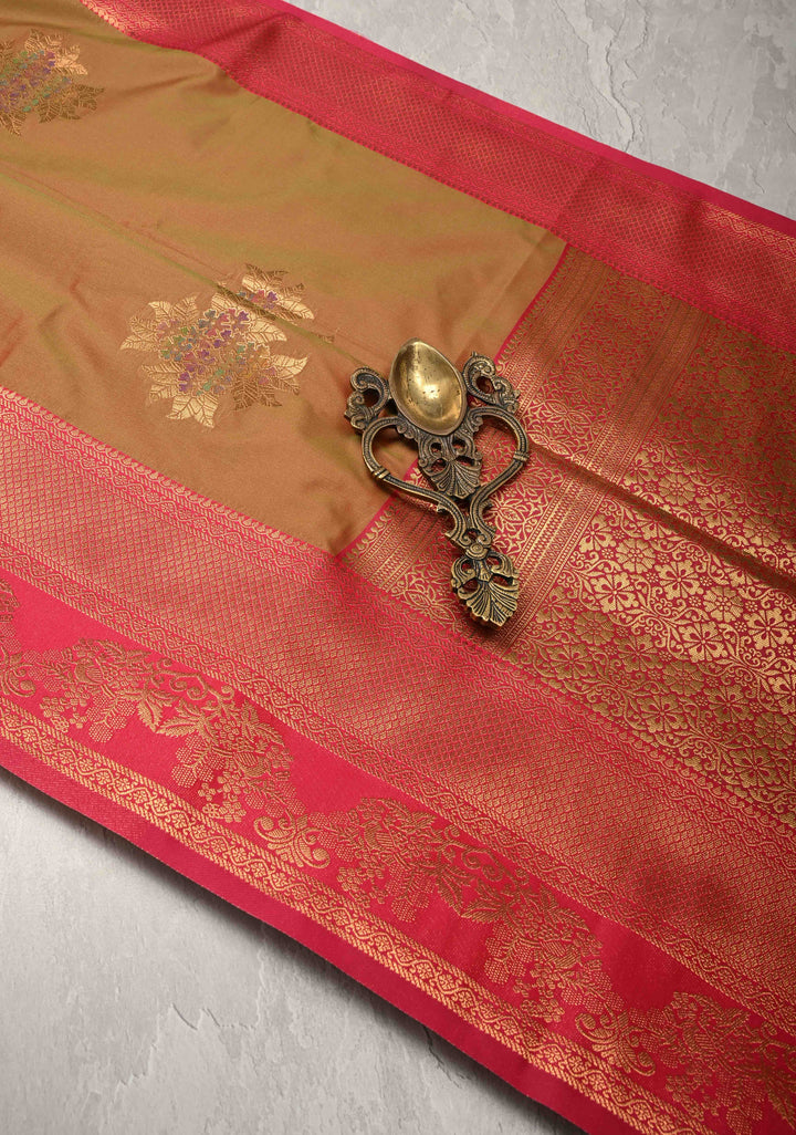 Pink Green Dual Tone Kanchi Semi Silk Saree with Floral Meenakari Buttas and Contrast Zari Border