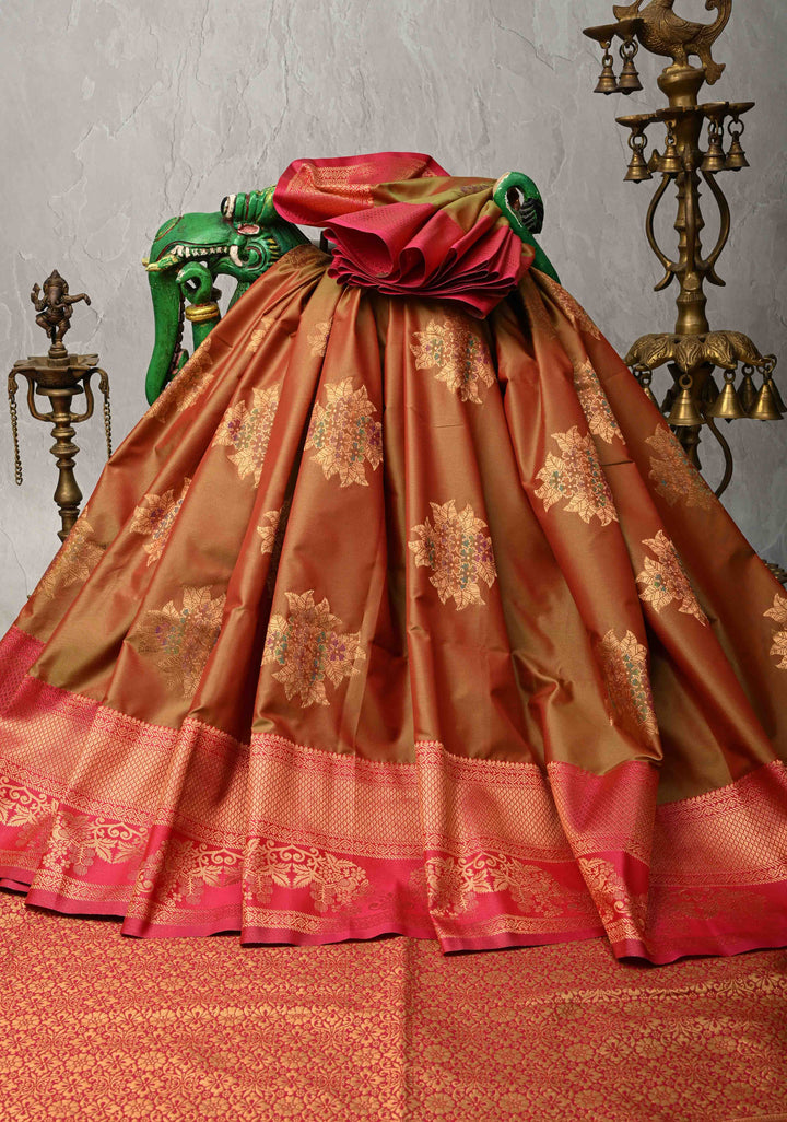 Pink Green Dual Tone Kanchi Semi Silk Saree with Floral Meenakari Buttas and Contrast Zari Border