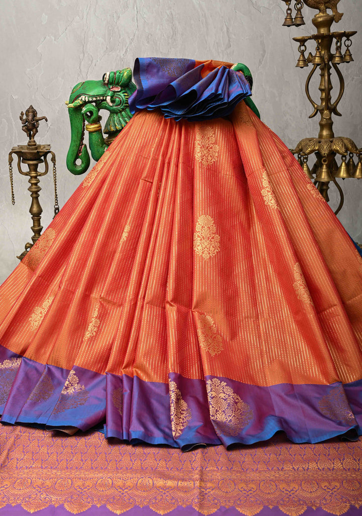 Orange Kanchi Semi Silk Saree with Vertical Stripes Zari Buttas  and Contrst Zari Border