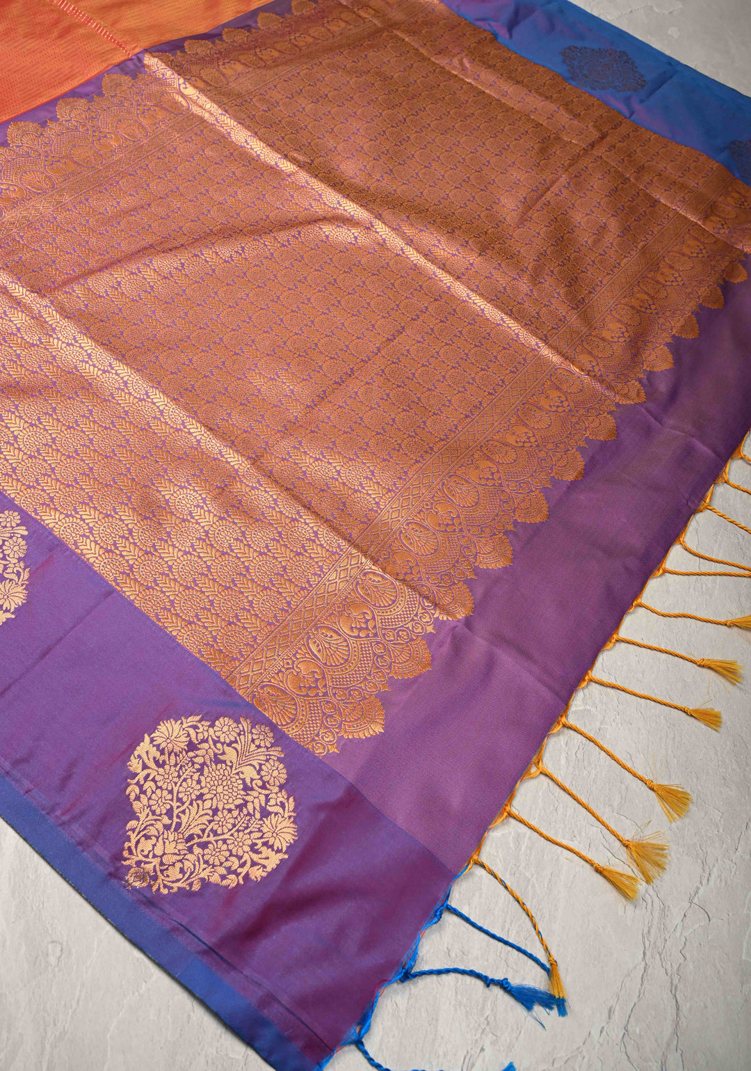 Orange Kanchi Semi Silk Saree with Vertical Stripes Zari Buttas  and Contrst Zari Border