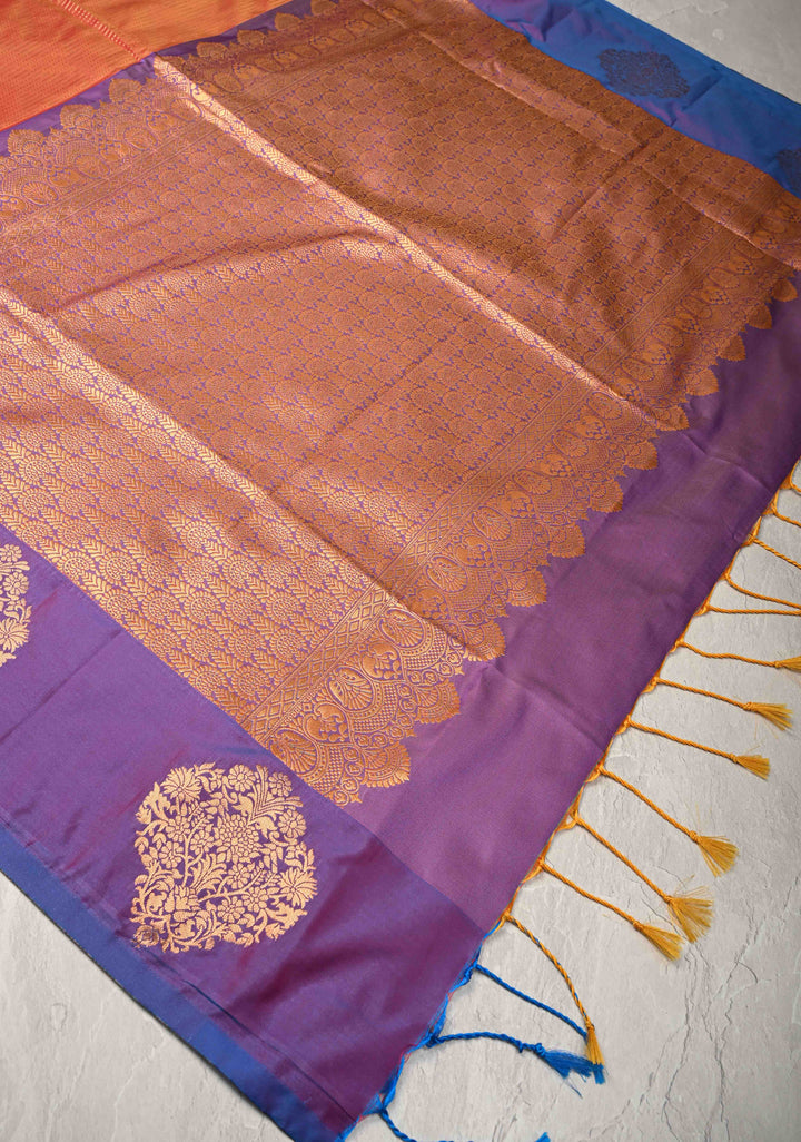 Orange Kanchi Semi Silk Saree with Vertical Stripes Zari Buttas  and Contrst Zari Border