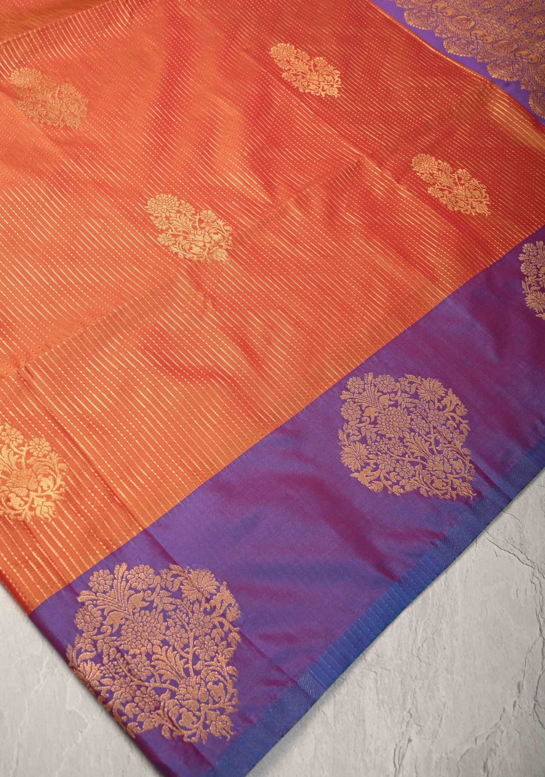 Orange Kanchi Semi Silk Saree with Vertical Stripes Zari Buttas  and Contrst Zari Border