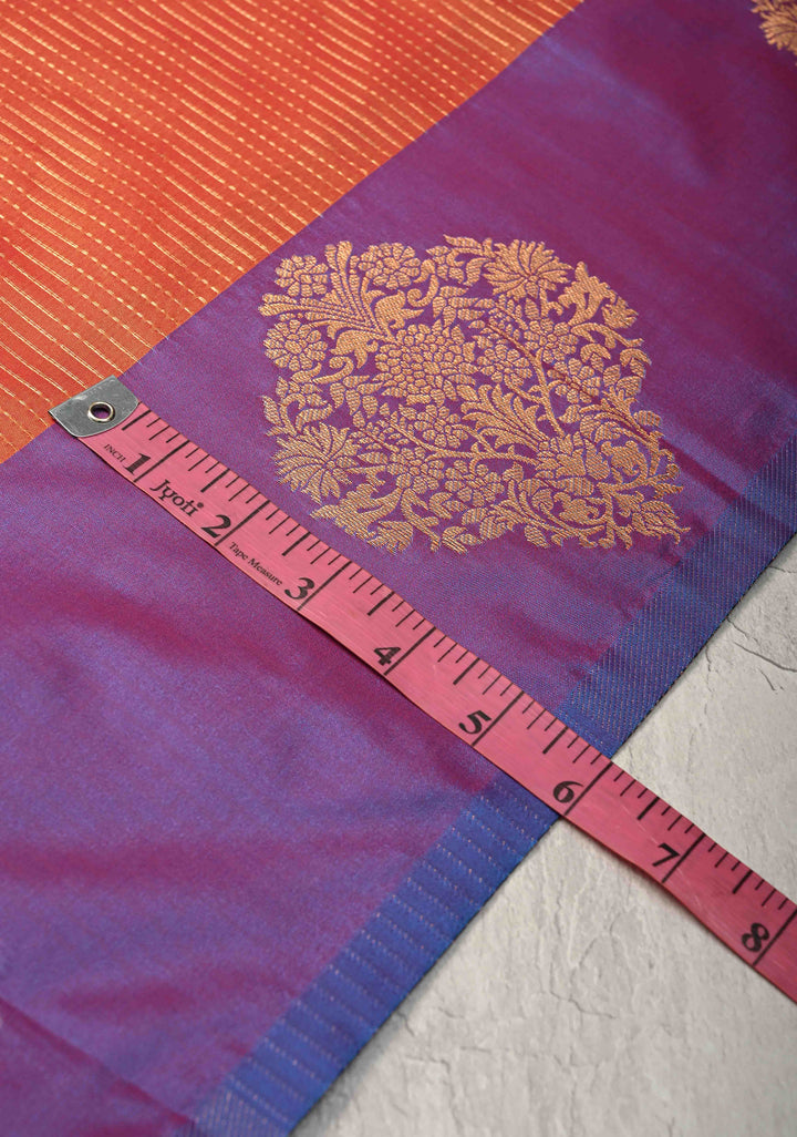 Orange Kanchi Semi Silk Saree with Vertical Stripes Zari Buttas  and Contrst Zari Border