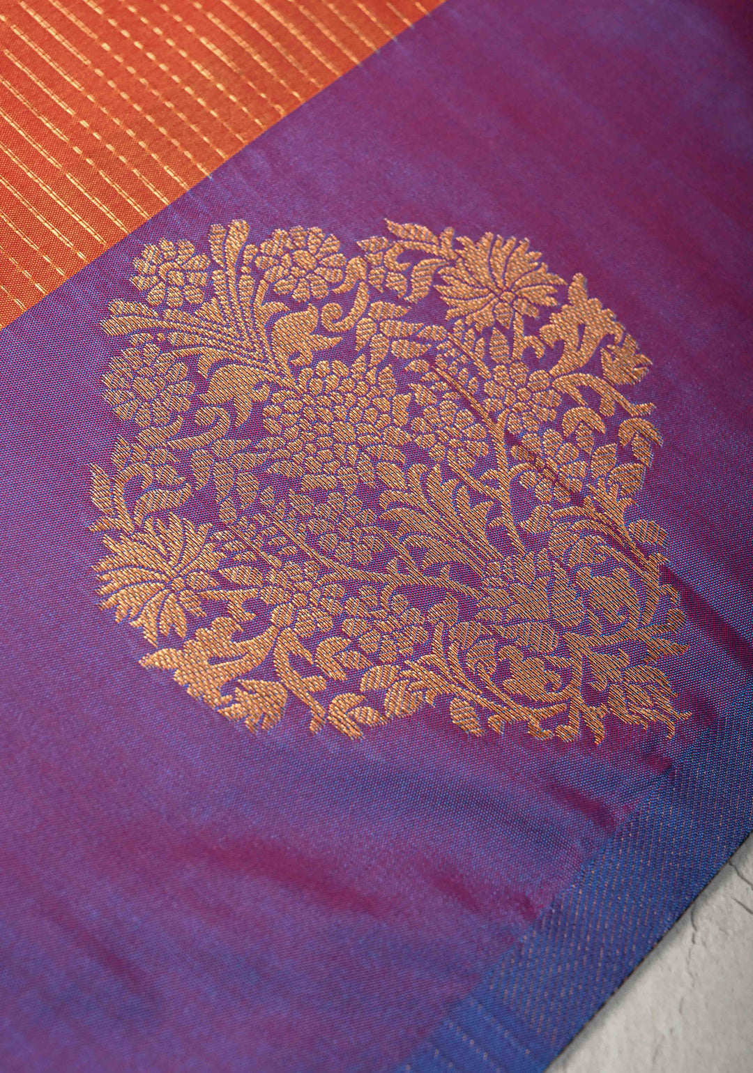 Orange Kanchi Semi Silk Saree with Vertical Stripes Zari Buttas  and Contrst Zari Border