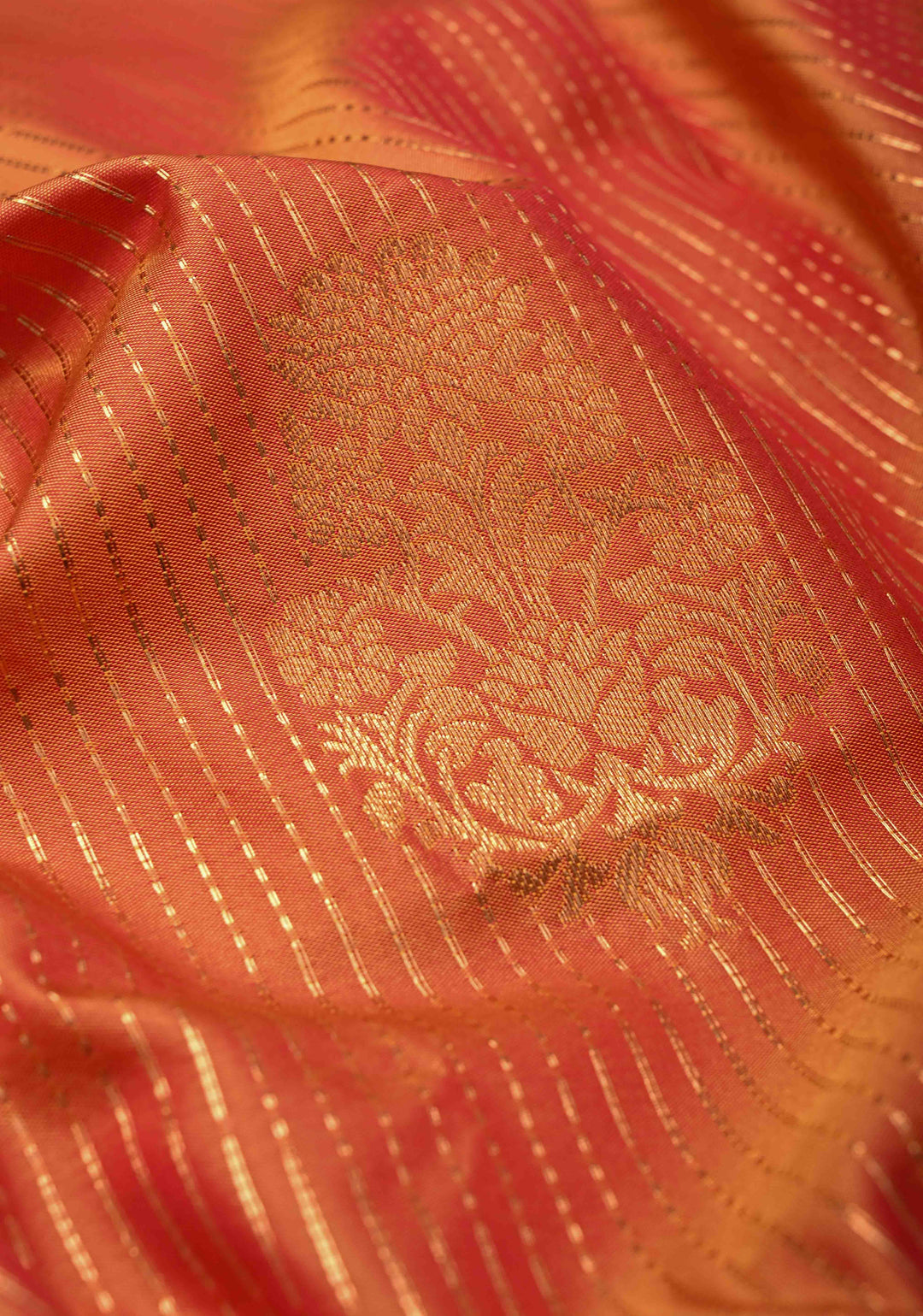Orange Kanchi Semi Silk Saree with Vertical Stripes Zari Buttas  and Contrst Zari Border