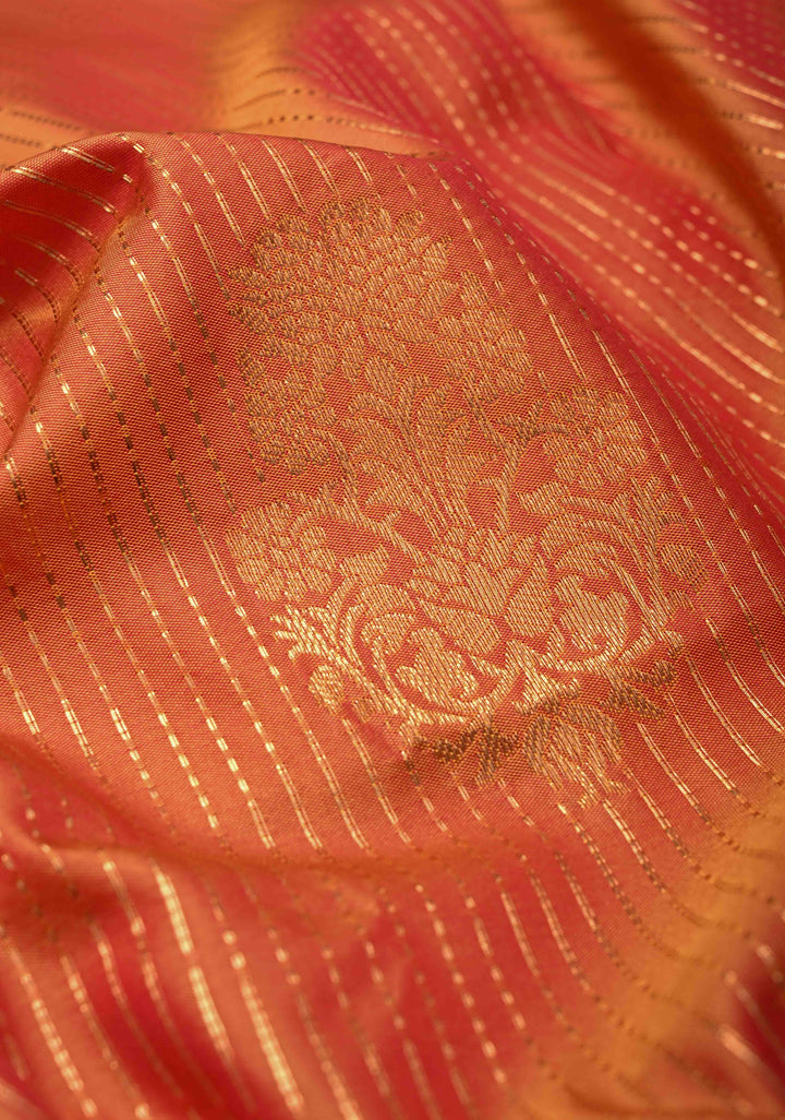 Orange Kanchi Semi Silk Saree with Vertical Stripes Zari Buttas  and Contrst Zari Border
