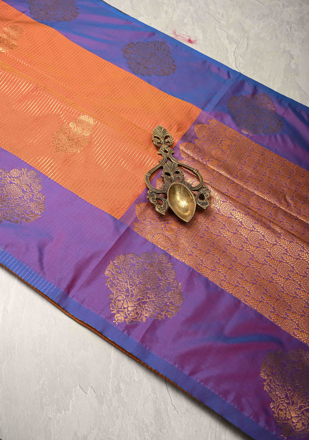 Orange Kanchi Semi Silk Saree with Vertical Stripes Zari Buttas  and Contrst Zari Border