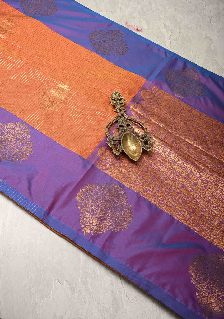 Orange Kanchi Semi Silk Saree with Vertical Stripes Zari Buttas  and Contrst Zari Border