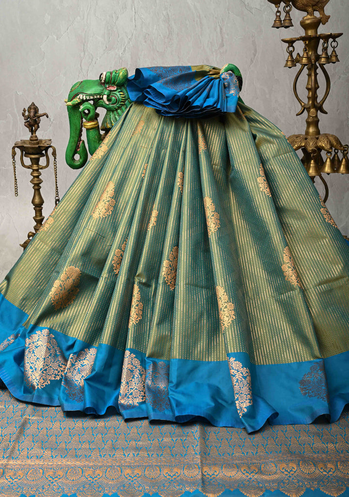 Green Dual Tone Kanchi Semi Silk Saree with Vertical Stripes Zari Buttas  and Contrast Zari Border