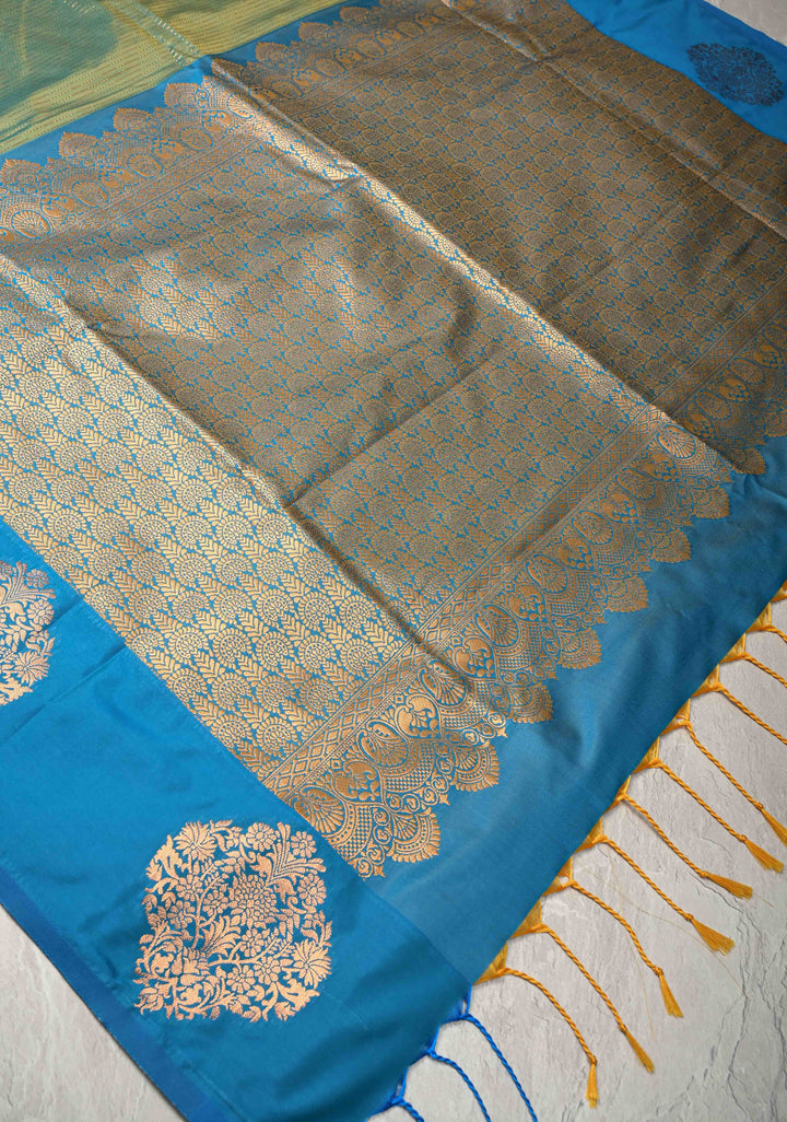Green Dual Tone Kanchi Semi Silk Saree with Vertical Stripes Zari Buttas  and Contrast Zari Border