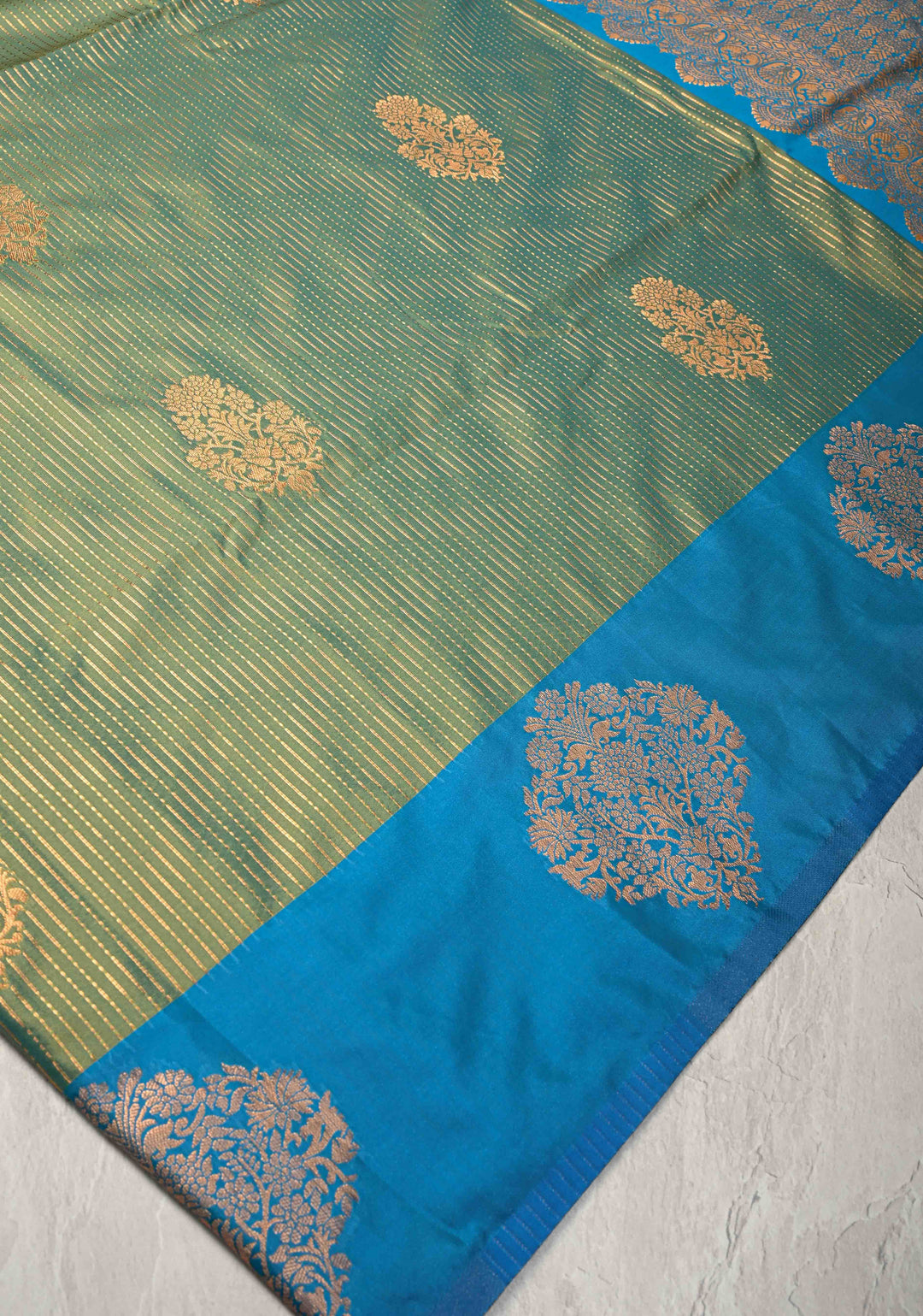 Green Dual Tone Kanchi Semi Silk Saree with Vertical Stripes Zari Buttas  and Contrast Zari Border