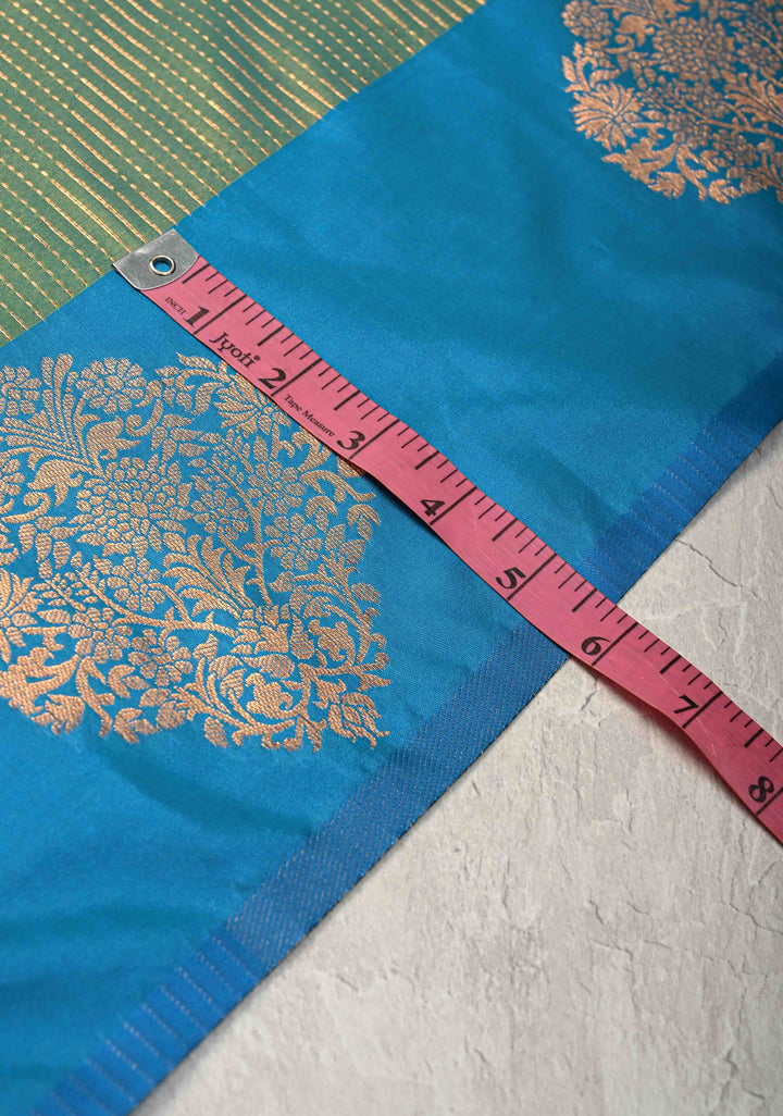 Green Dual Tone Kanchi Semi Silk Saree with Vertical Stripes Zari Buttas  and Contrast Zari Border