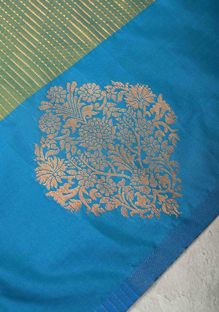 Green Dual Tone Kanchi Semi Silk Saree with Vertical Stripes Zari Buttas  and Contrast Zari Border