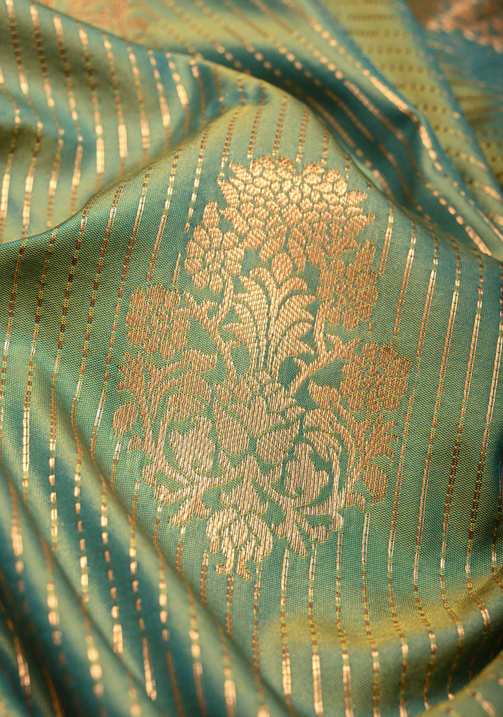 Green Dual Tone Kanchi Semi Silk Saree with Vertical Stripes Zari Buttas  and Contrast Zari Border