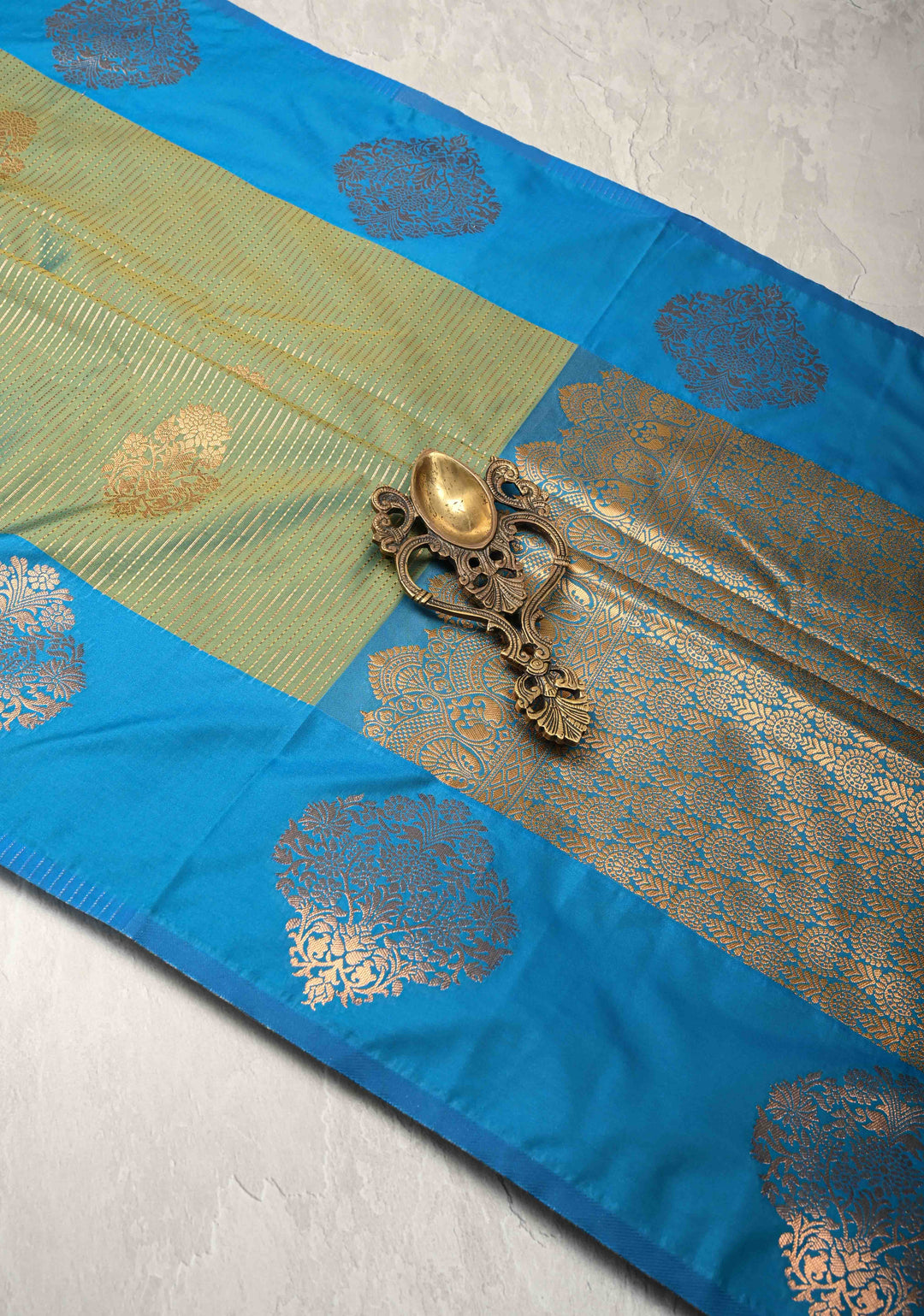 Green Dual Tone Kanchi Semi Silk Saree with Vertical Stripes Zari Buttas  and Contrast Zari Border