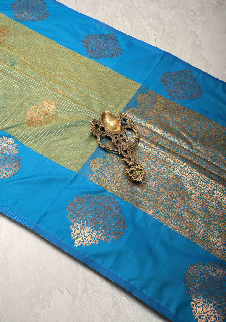 Green Dual Tone Kanchi Semi Silk Saree with Vertical Stripes Zari Buttas  and Contrast Zari Border