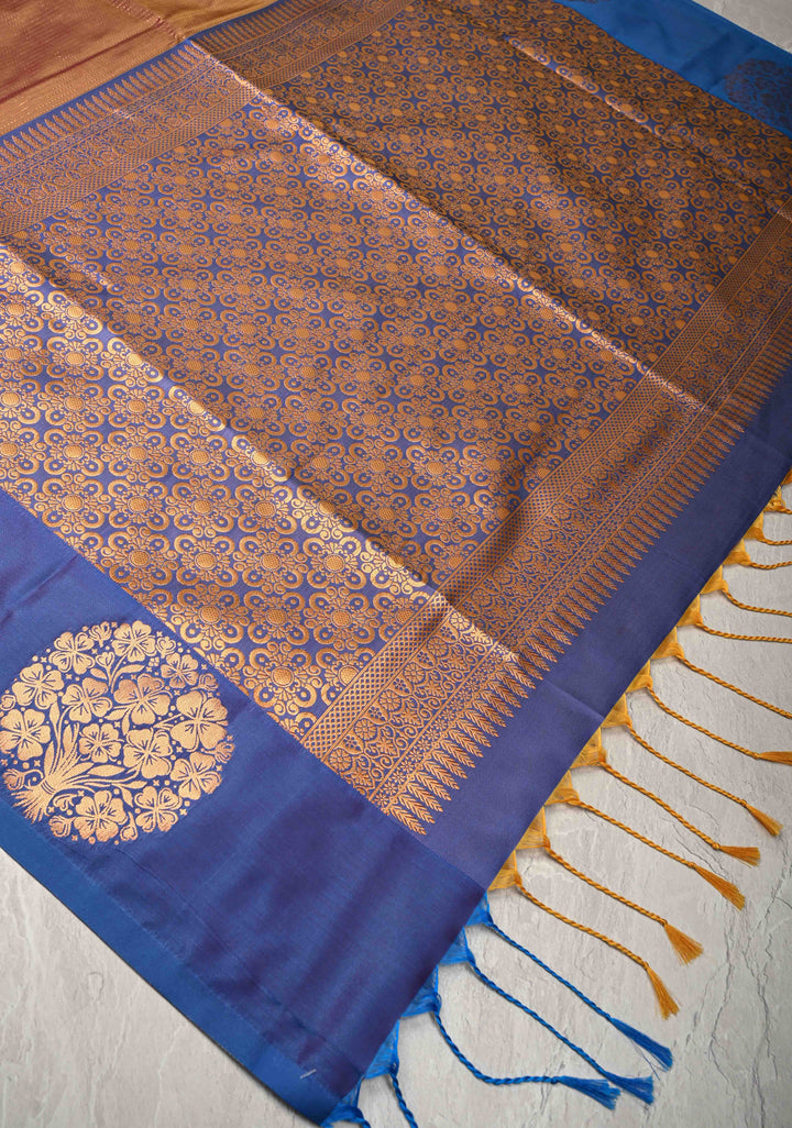 Brown Dual Tone Kanchi Semi Silk Saree with Vertical Stripes Zari Buttas  and Contrst Zari Border