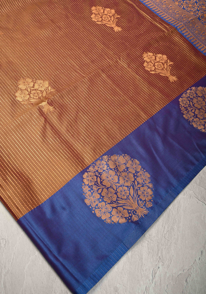 Brown Dual Tone Kanchi Semi Silk Saree with Vertical Stripes Zari Buttas  and Contrst Zari Border