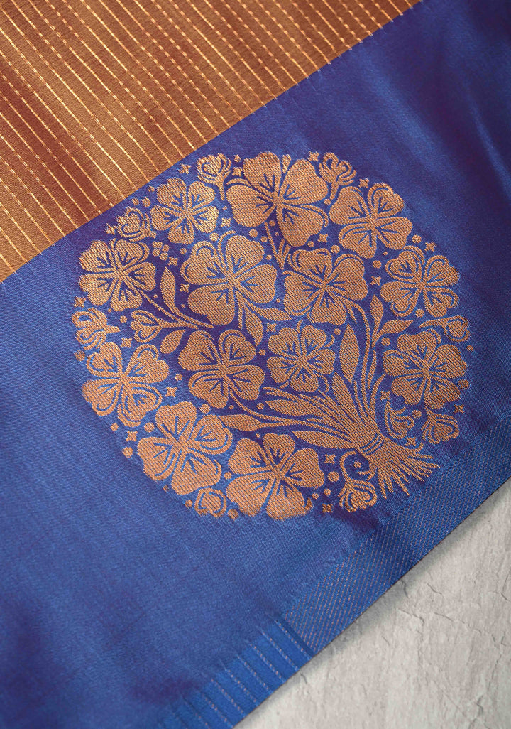 Brown Dual Tone Kanchi Semi Silk Saree with Vertical Stripes Zari Buttas  and Contrst Zari Border