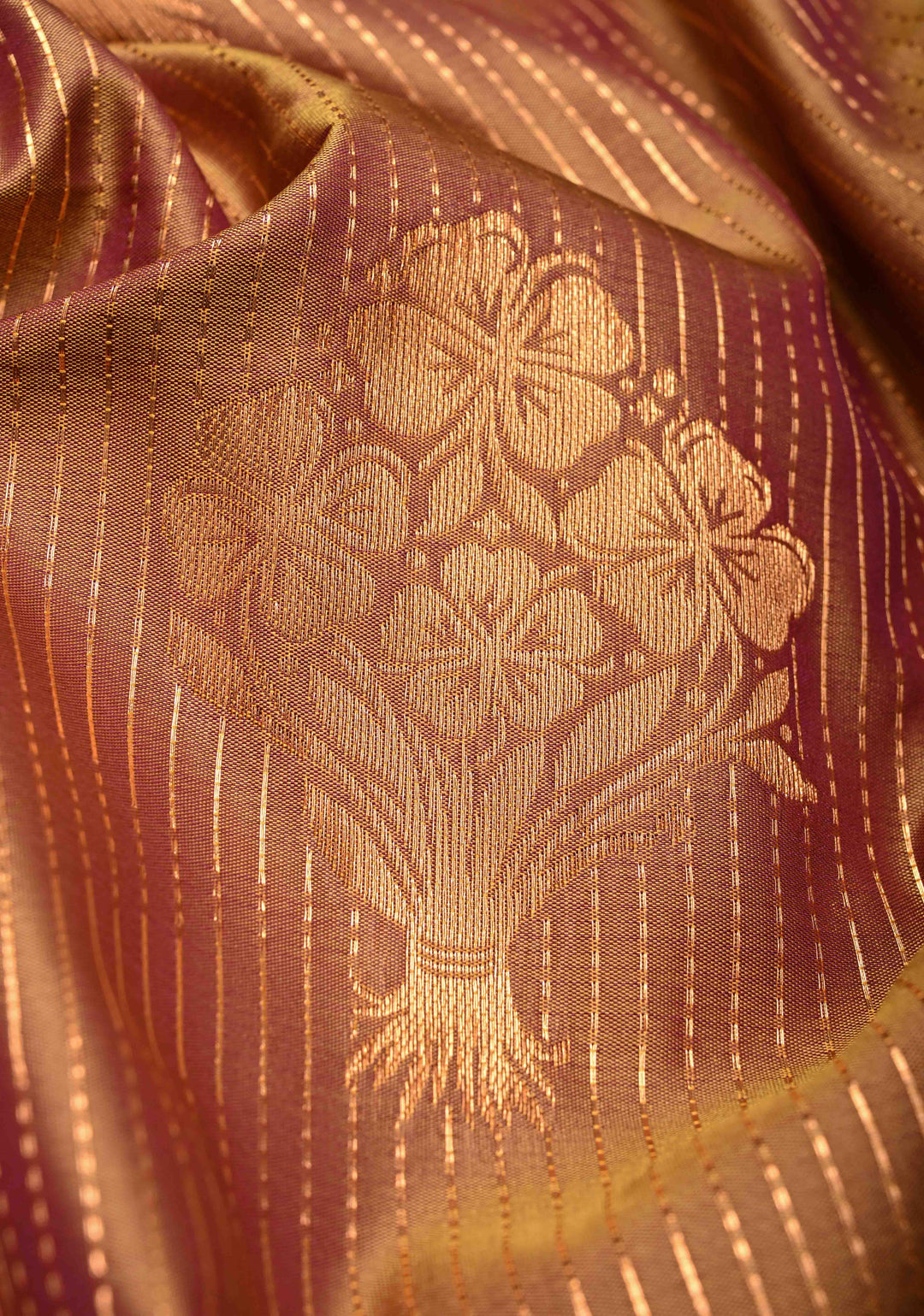 Brown Dual Tone Kanchi Semi Silk Saree with Vertical Stripes Zari Buttas  and Contrst Zari Border