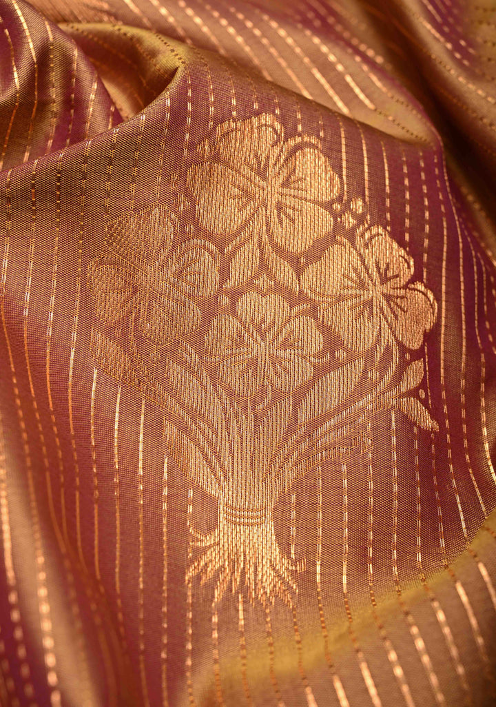 Brown Dual Tone Kanchi Semi Silk Saree with Vertical Stripes Zari Buttas  and Contrst Zari Border