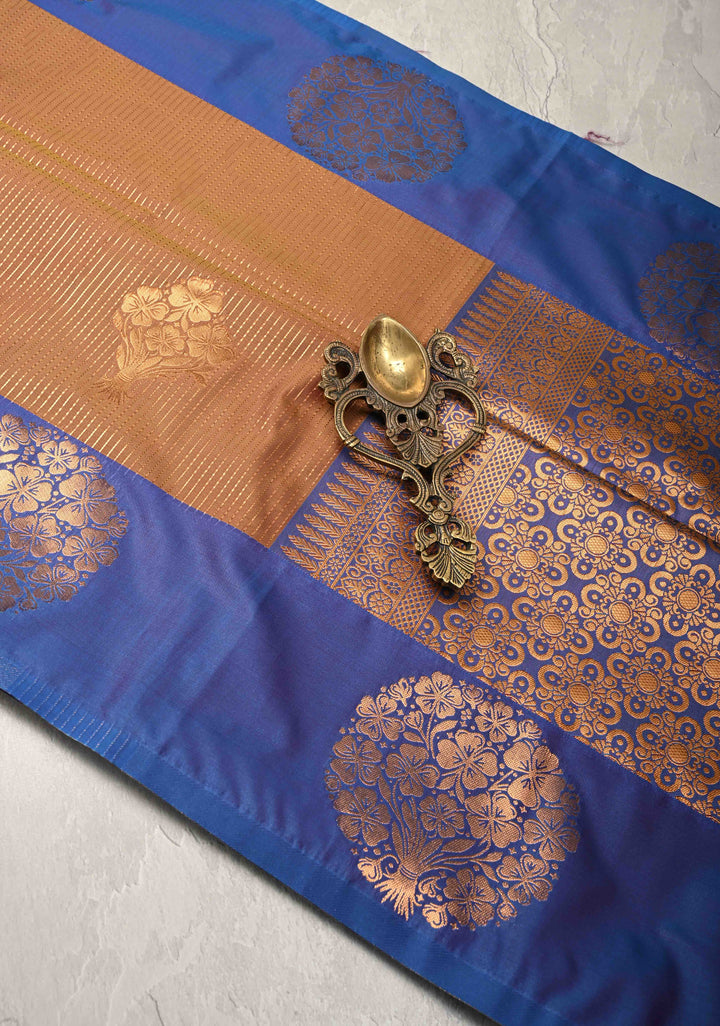 Brown Dual Tone Kanchi Semi Silk Saree with Vertical Stripes Zari Buttas  and Contrst Zari Border