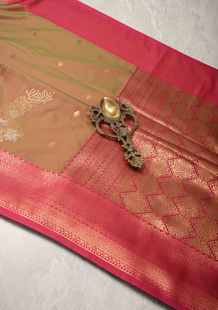 Pink Green Dual Tone Kanchi Semi Silk Saree with Floral Alfi Buttas and Contrst Zari Border