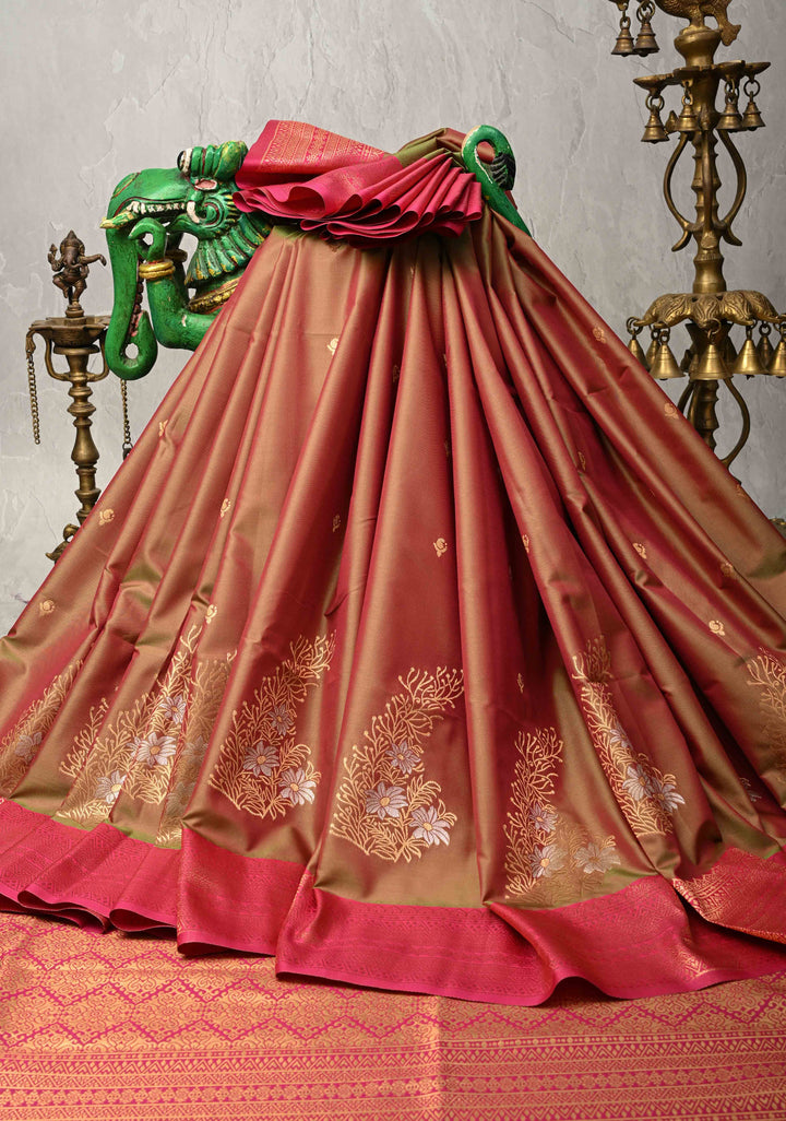 Pink Green Dual Tone Kanchi Semi Silk Saree with Floral Alfi Buttas and Contrst Zari Border